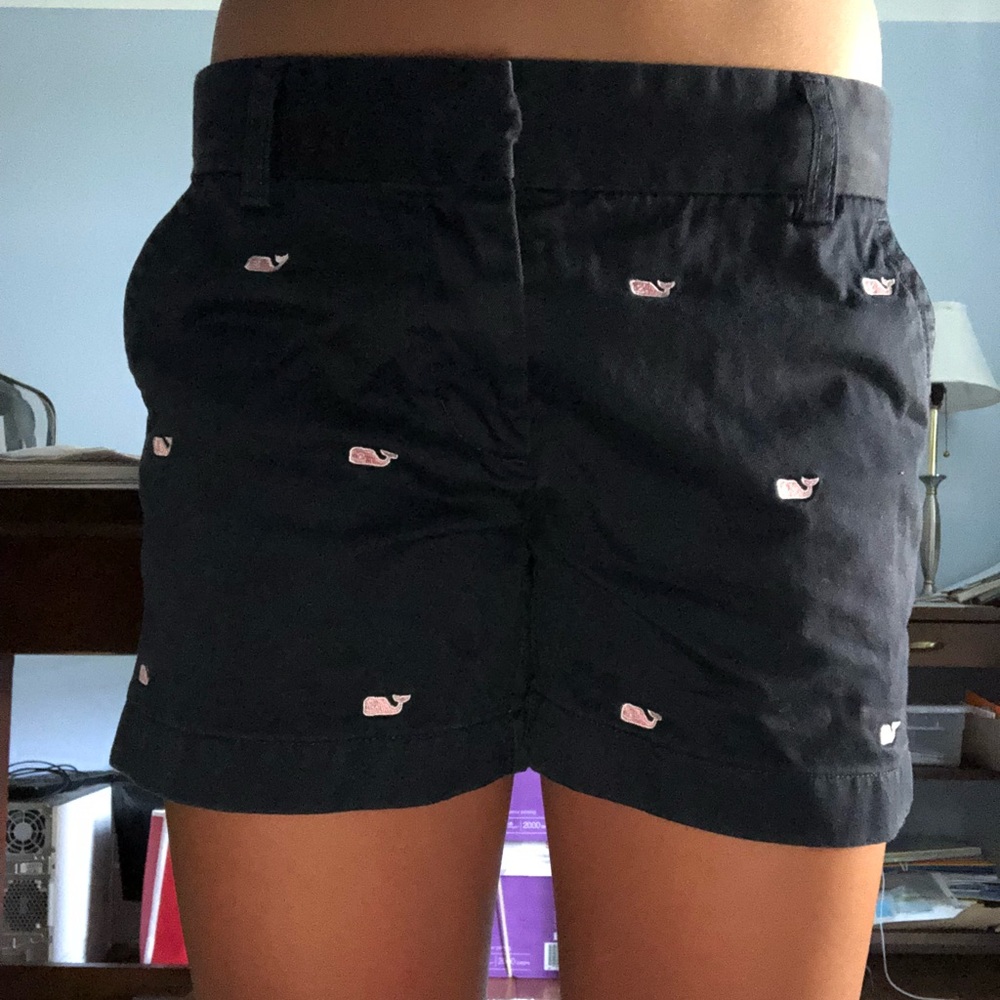 Vineyard Vine black shorts with pink whales